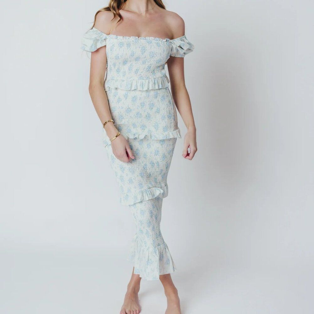 Worth Off-Shoulder Blue and White Midi Dress